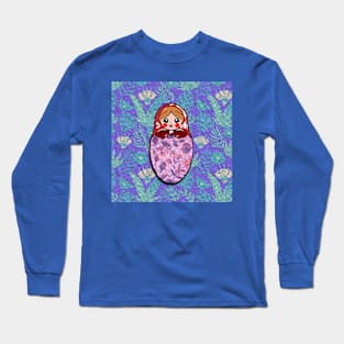 Russian doll with blue flowers pattern Long Sleeve T-Shirt